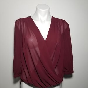 Miami S maroon sheer Wrap Front Lace back top